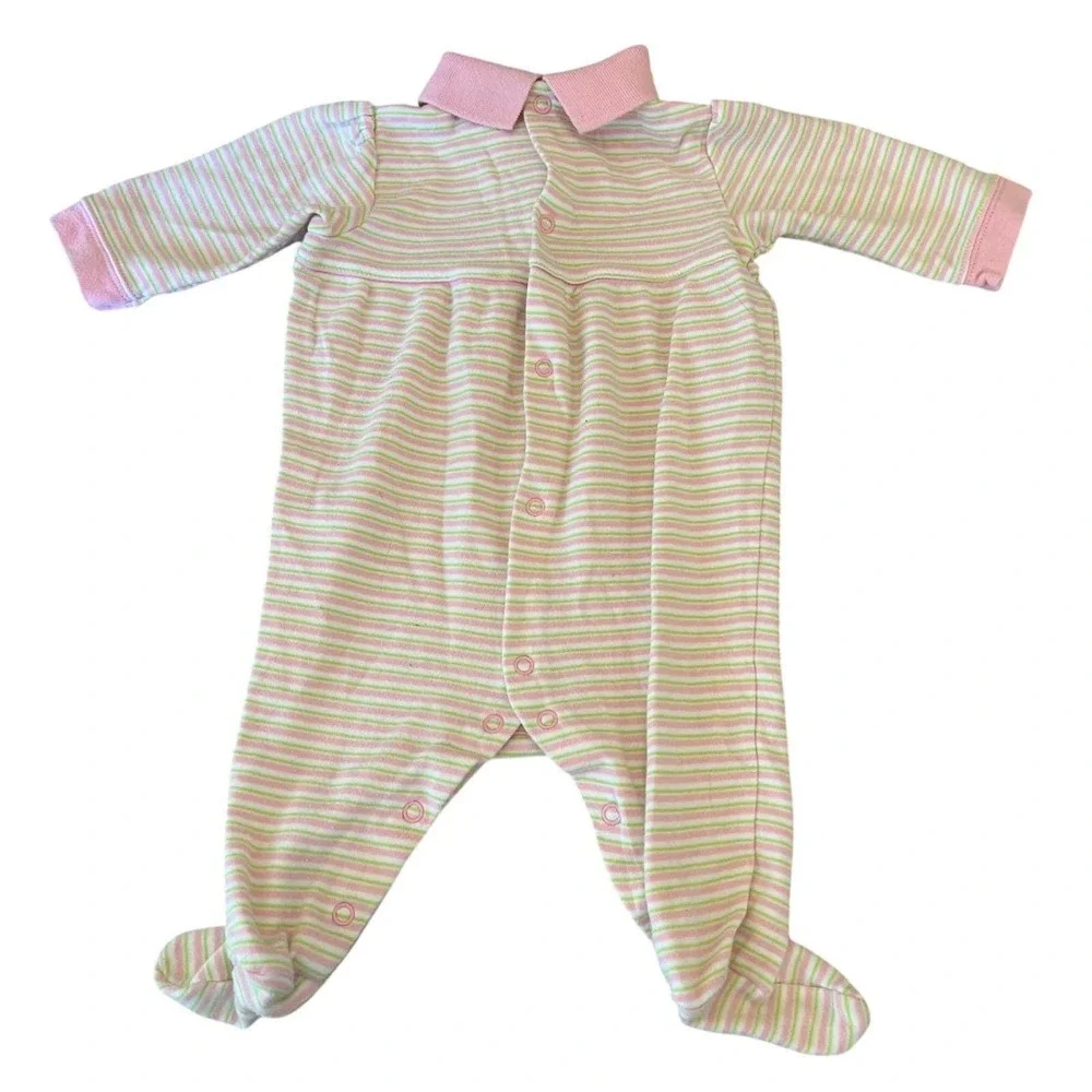 Ralph‎ Lauren Pink Green Striped Cotton Footed One Piece Romper Pajamas 6M